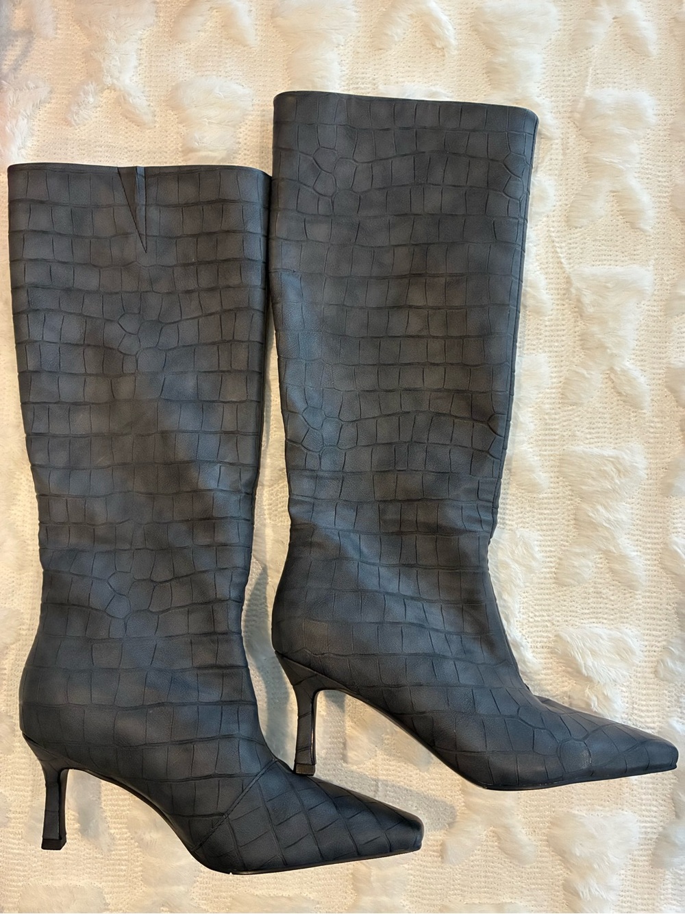 Croc-Embossed Pointed-Toe Knee-High Boots in Black